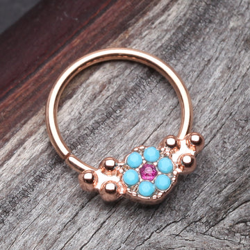 Detail View 1 of Rose Gold Vintage Boho Turquoise Floral Sparkle Twist Hoop Ring-Turquoise/Fuchsia
